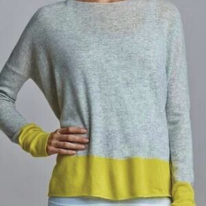 VINCE 100% CASHMERE Colorblock Slouchy Boatneck Long Sleeve Sweater Yello Gray M